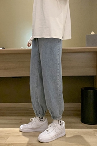 现货D201-DM08男装港风浅蓝色休闲束脚抽绳九分牛仔裤图片