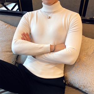 M09/p45两翻高领毛衣男 秋冬纯色修身长袖针织打底衫男高领毛衣图片