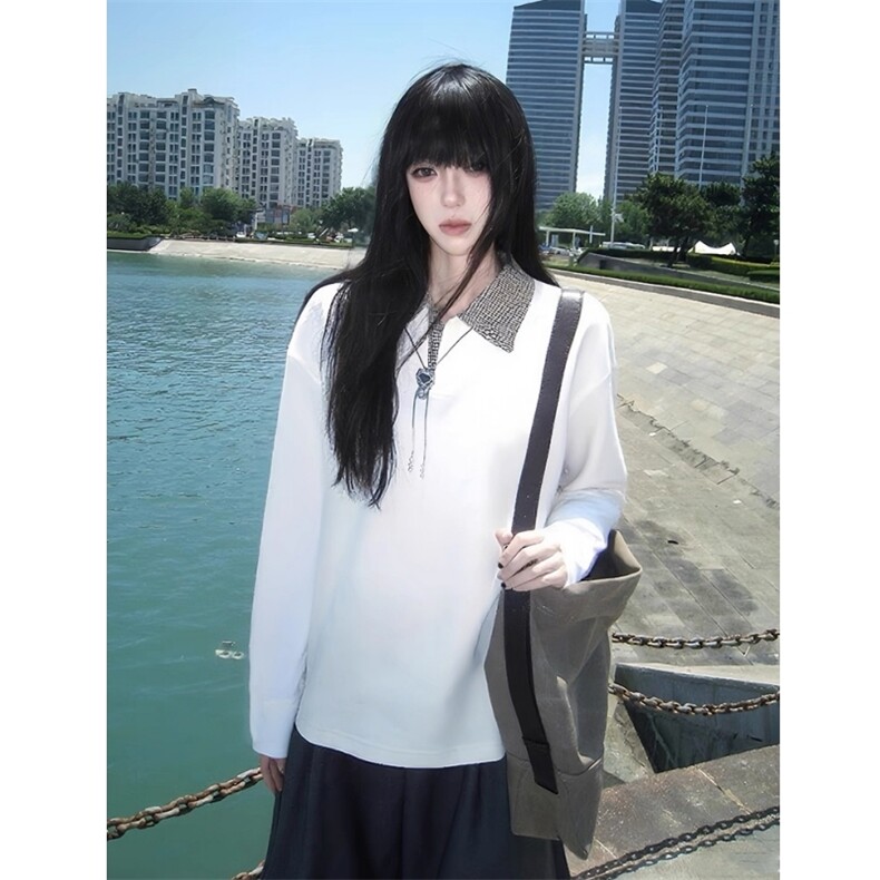 现货千鸟格拼接翻领T恤长袖上衣情侣款男女CX01-TP35,男装T恤,星座910A