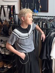 夏季费尔岛针织短袖T恤男复古小领口正肩慵懒风松弛设计感半袖t恤图片