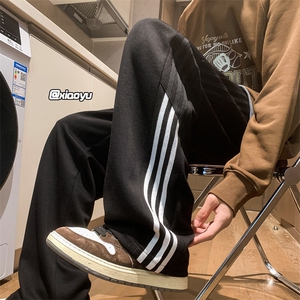 wassup happy重磅条纹卫裤男款秋冬季加绒加厚青少年阔腿休闲裤子图片