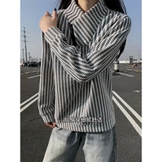 高品质春装新款老钱风美式高街鱼骨纹斜拉链解构高领卫衣长袖t恤，男装T恤，电商A486-1