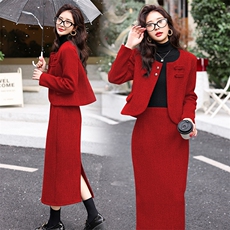 新款冬季纯色简约时尚减零气质通勒加棉保暖毛呢短外套套装套裙，女装套装/套裙，韩美纤衣