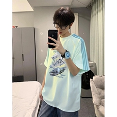 抖音得物品质二开240克宽松纯棉美式潮牌印花三条杠中性风短袖T恤，男装T恤，电商A486