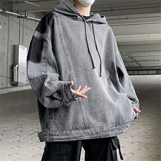 美式复古做旧拼接牛仔卫衣连帽外套潮牌欧美街头vint机车服男街景，男装卫衣，星座505-2（原电商A260-1)