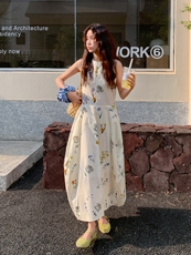 碎花无袖连衣裙女2025夏季新款法式绝美温柔风气质遮肉显瘦背心裙，女装连衣裙，2C206