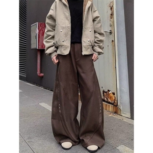 美式复古解构铆钉裁剪设计感弯刀西裤男女高街宽松阔腿坠感休闲裤图片