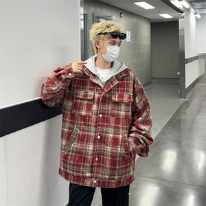 假两件连帽毛呢外套男秋冬季宽松休闲安可拉红拉链夹克衫JW81/P75图片