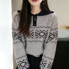 2026年秋季套头通勤时尚百搭通勤简约休闲百花绒POLO领提花，女装针织衫/毛衣，暖姿羊绒