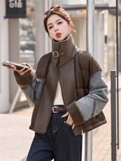 牛仔拼接短款羽绒服女2025冬季新款翻领加厚保暖羽绒外套，女装羽绒服，美沁