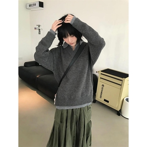 重磅北极绒假两件衬衫领毛衣美式高街复古休闲慵懒纯色翻领针织衫