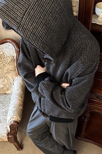 千鸟格呢子夹克男宽松百搭牛角扣休闲连帽外套 XZ514-2-4234-P108图片