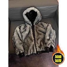 现货冬季美式潮牌痞帅PU皮机车服棉衣毛毛绒狼王座山雕皮棉服，男装棉衣，电商A486-1
