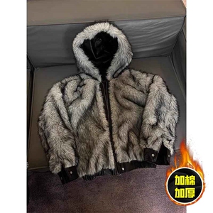 现货冬季美式潮牌痞帅PU皮机车服棉衣毛毛绒狼王座山雕皮棉服图片