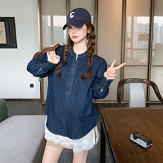 蓝色长袖牛仔衬衫女2025春秋新款复古设计感小个子休闲百搭短上衣，女装衬衫，2C087