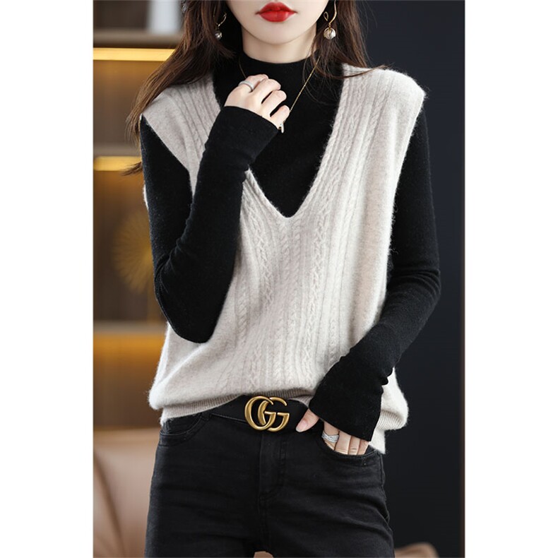 麻花V领纯羊毛马甲针织背心坎肩秋冬新款女修身上衣马甲毛衣羊绒，女装马甲，绒汀羊绒