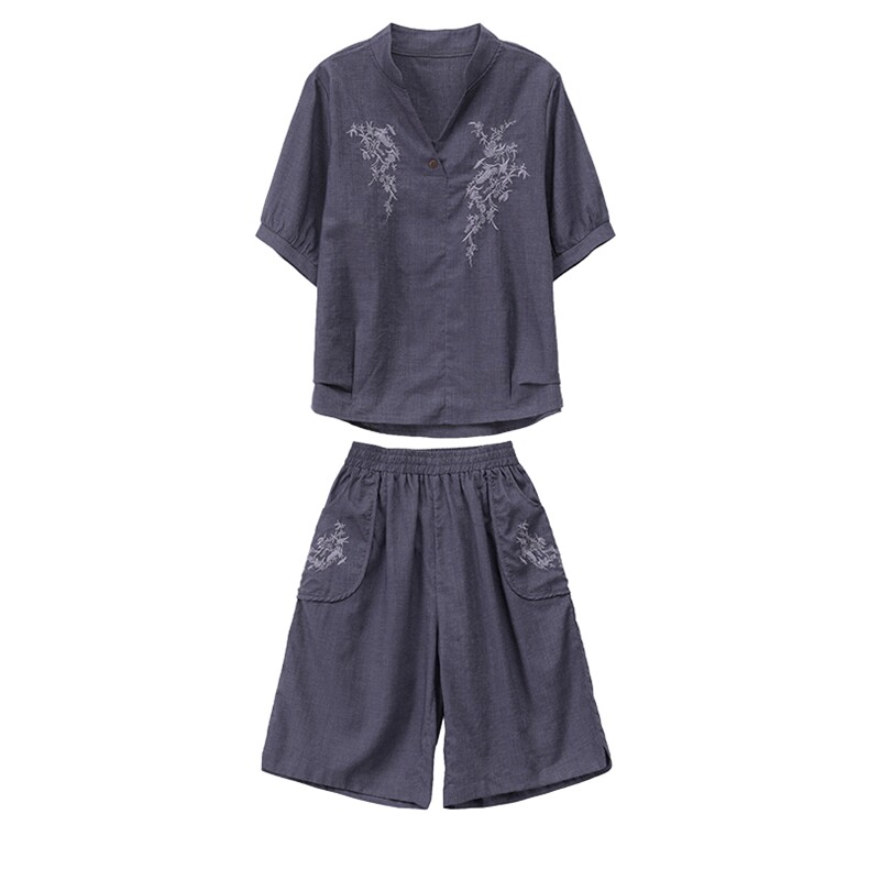 妈妈装气质小衫大码中老年衬衫阔腿裤套装2025年夏季新款苎麻上衣,女装套装/套裙,忆绮罗