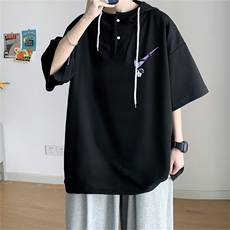 夏季港风冰丝宽松连帽短袖t恤五分体恤上衣TLM214-P40控58，男装T恤，电商B370