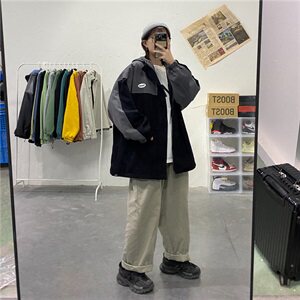 910A-J秋装新款拼色情侣夹克男女韩版宽松百搭外套男图片