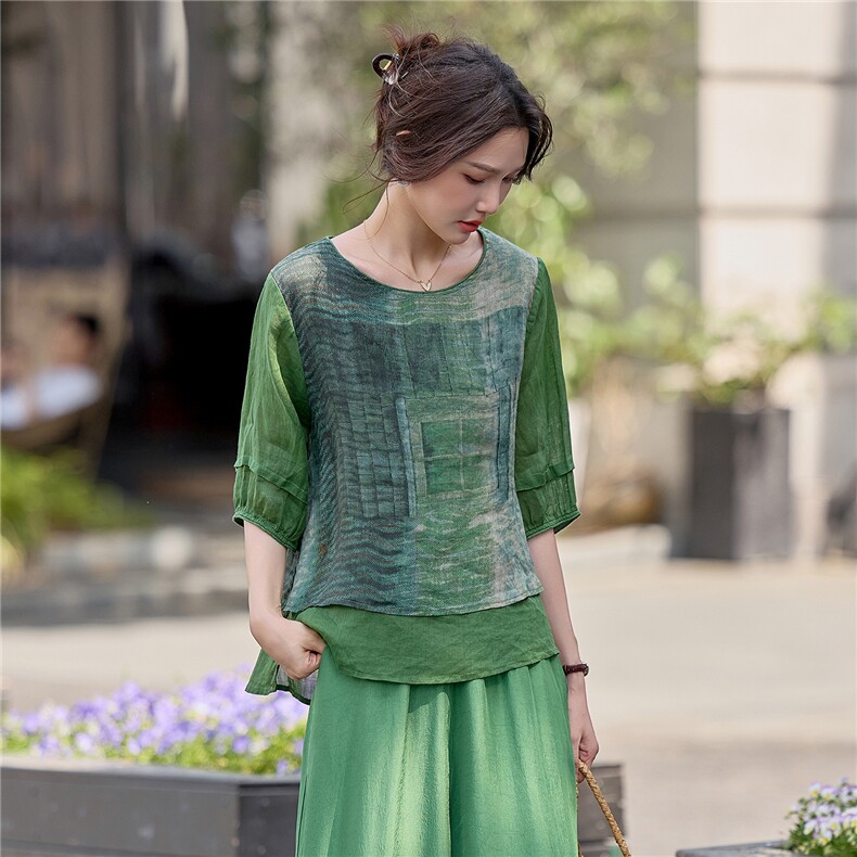 2026年夏季水墨印花假两件苎麻女上衣,女装蕾丝衫/雪纺衫,依恋蒂丝