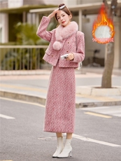 2026年冬季新款小香风长款裙子高级法式套装90羽绒服真狐狸毛领子，女装套装/套裙，小九月