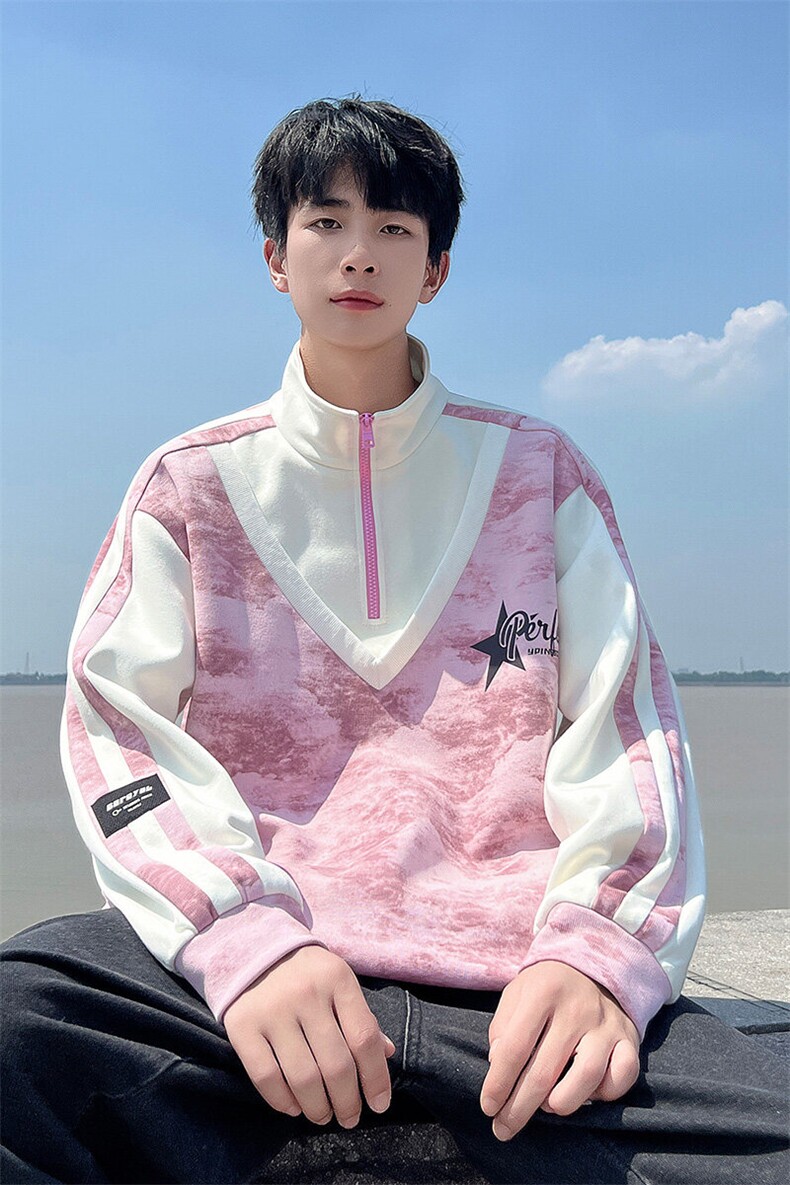 现货2026春季脏脏布半拉链卫衣假两件宽松A436-109-P5888,男装卫衣,电商A436