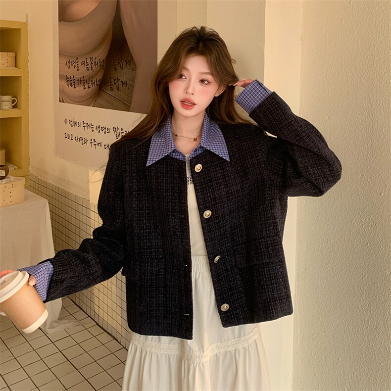 藏青色小香风外套女春季2025新款韩系小个子设计感假两件短款上衣,女装短外套,2C122