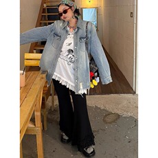 美式复古毛边牛仔夹克男女宽松时尚百潮牌搭破洞牛仔外套JA38-P75，男装工装外套，星座208-5