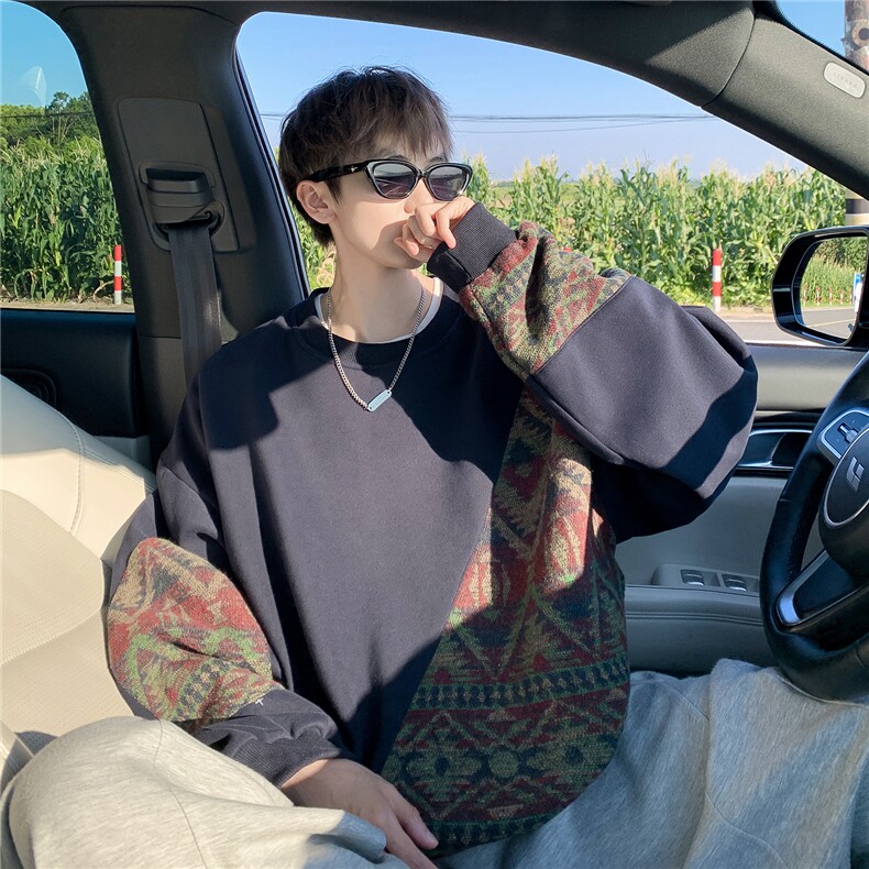 8-MXL民族风拼接卫衣大码胖子费尔岛上衣圆领复古外套WY5106/P55，男装民族服装，电商B238