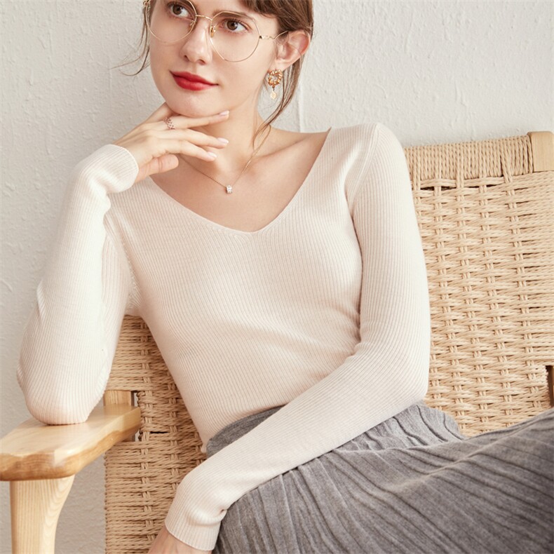 女士新款百搭时尚纯色简约V领抽条羊毛衫打底,女装羊毛衫,启东羊绒