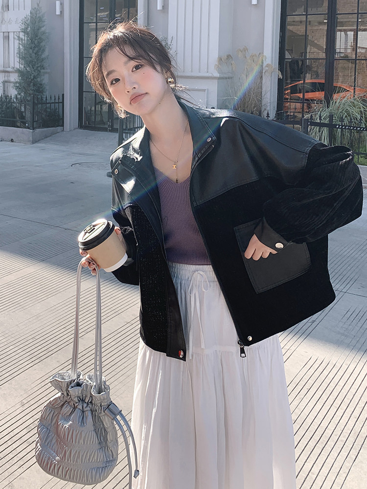 短款皮衣外套女2024秋季新款宽松洋气时尚显瘦休闲百搭拼接皮夹克,女装皮衣,简古