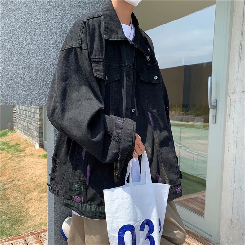 破洞牛仔夹克男韩版潮牌高街泼墨情侣外套春秋款宽松时尚百搭上衣,男装工装外套,星座1210-1