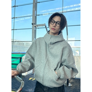 抖音得物二开 秋冬美式高街重磅结构高领拉链连帽卫衣外套W93图片