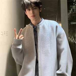 秋季假两件短款夹克上衣灰色开衫卫衣男款cleanfit高级感休闲外套,蓝灰色的大衣搭配什么打底衫好看图片