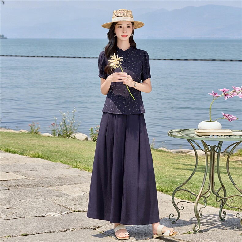 碎花小立领收腰小衫配阔腿裤时尚清新田园风两件套,女装套装/套裙,水衣源