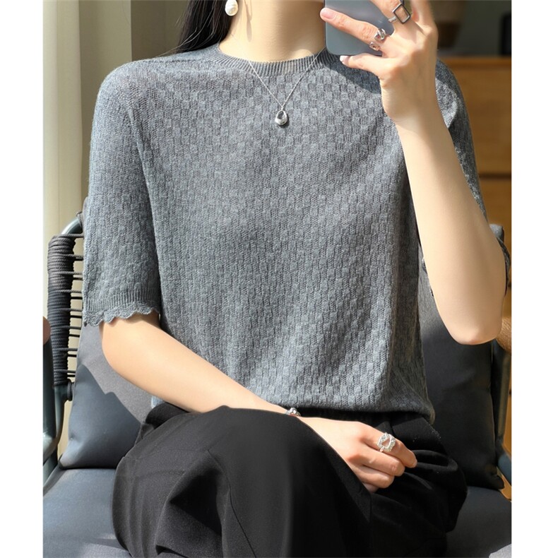 一线成衣夏季新款精纺羊毛短袖t恤女宽松圆领花边针织衫半袖上衣,针织衫/毛衣,大美人高端店