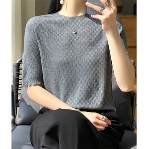 一线成衣夏季新款精纺羊毛短袖t恤女宽松圆领花边针织衫半袖上衣图片