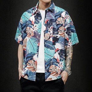 2021夏季新日系大码男马切达沙滩情侣休闲短袖印花衬衫C3015-P35图片