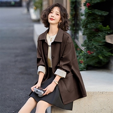 装饰扣简约中长款风衣2025春季新款条纹卷袖外套韩系西装领女流行，女装皮衣，潮流依族