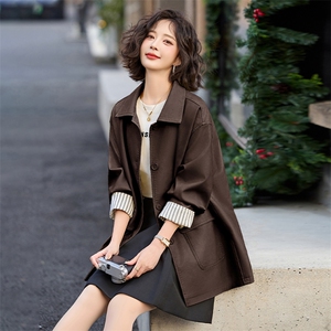 装饰扣简约中长款风衣2025春季新款条纹卷袖外套韩系西装领女流行图片