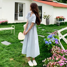 法式复古v领条纹连衣裙女2025夏季新款韩版收腰显瘦甜美茶歇长裙，女装连衣裙，2C158