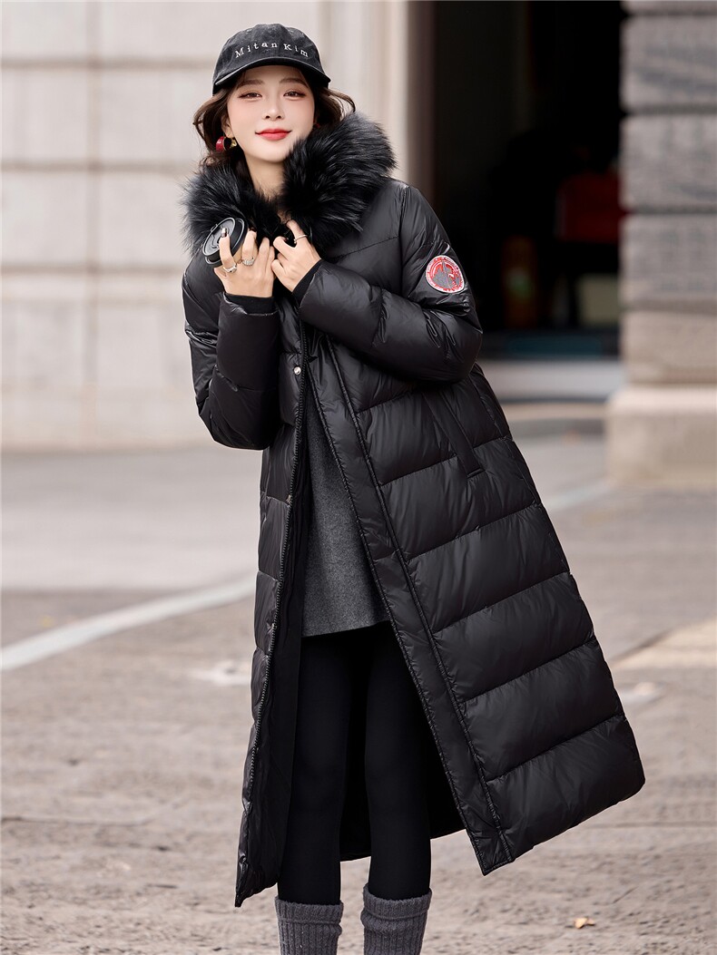 加厚超长过膝狐狸毛领连帽宽松亮面免洗保暖排骨羽绒服女,女装羽绒服,依多米