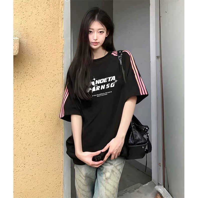 抖音得物品质二开240克宽松纯棉美式潮牌印花三条杠中性风短袖T恤,男装T恤,电商A486-1