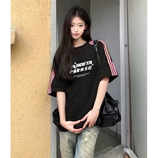 抖音得物品质二开240克宽松纯棉美式潮牌印花三条杠中性风短袖T恤，男装T恤，电商A486-1
