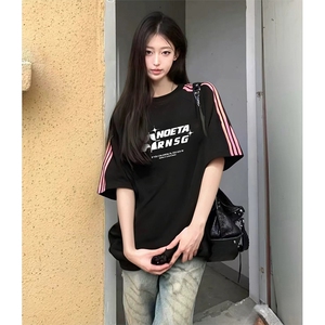抖音得物品质二开240克宽松纯棉美式潮牌印花三条杠中性风短袖T恤图片