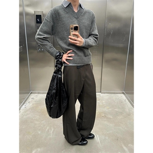 重磅北极绒假两件衬衫领毛衣美式高街复古休闲慵懒纯色翻领针织衫图片