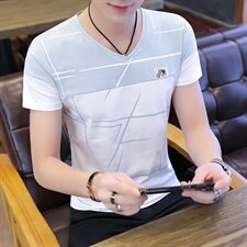 款5026男士短袖t恤V领潮流韩版修身半袖鸡心领帅气条纹夏装，男装T恤，电商D310（原电商305）