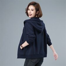 女士拉链纯棉上衣2021春秋季新款连帽纯色抽绳全棉通勤短款外套，女装短外套，伊满意