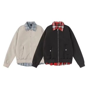 格子拼接假两件外套男潮牌设计夹克春季时尚情侣棒球服HH650 P68图片