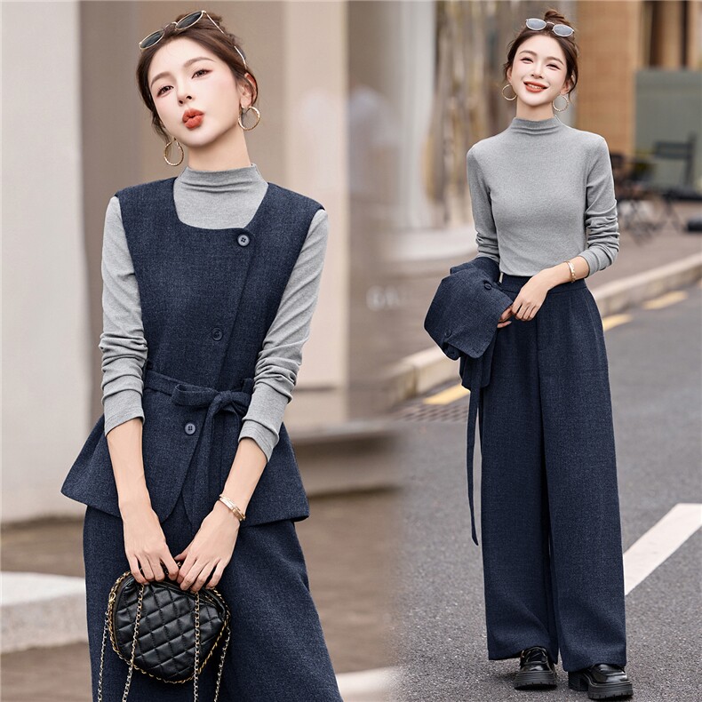 时尚通勤西装马甲阔腿裤套装女2025秋季新款女神范气质收腰三件套，女装套装/套裙，沁沁公主